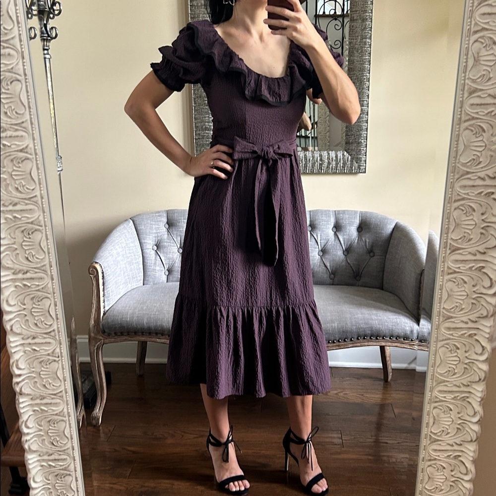 Chelsea & Violet Plum Ruffle Midi Dress S NWT Tie Waist